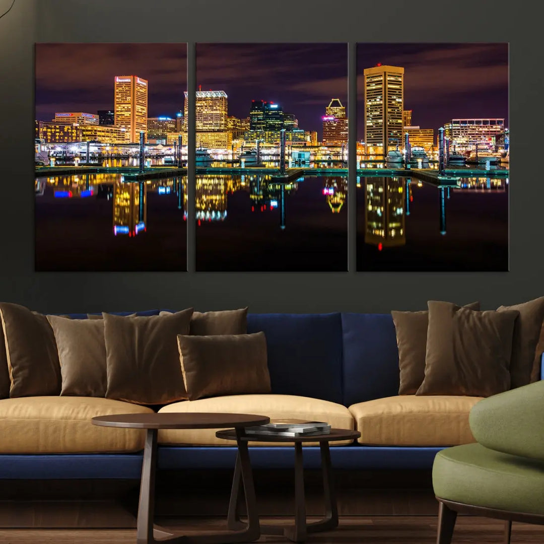 Baltimore City Night Skyline Purple Cityscape Large Wall Art Canvas Print