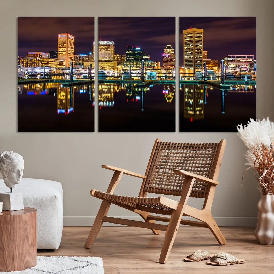 Baltimore City Night Skyline Purple Cityscape Large Wall Art Canvas Print