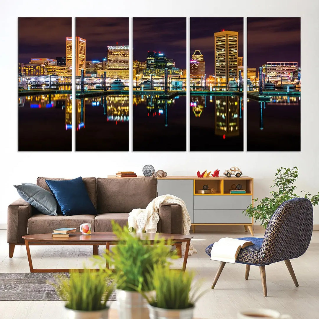 Baltimore City Night Skyline Purple Cityscape Large Wall Art Canvas Print