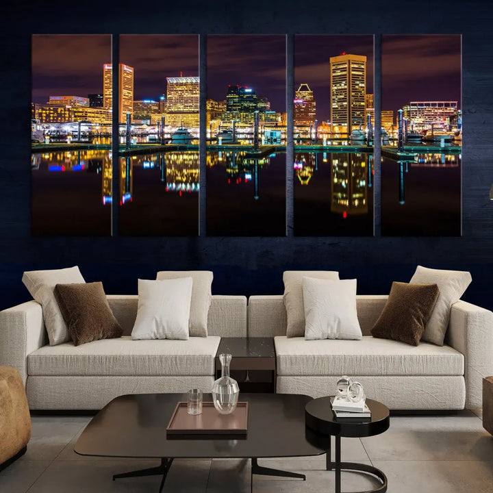 Baltimore City Night Skyline Purple Cityscape Large Wall Art Canvas Print