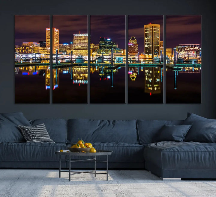 Baltimore City Night Skyline Purple Cityscape Large Wall Art Canvas Print