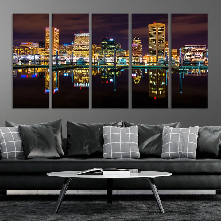 Baltimore City Night Skyline Purple Cityscape Large Wall Art Canvas Print