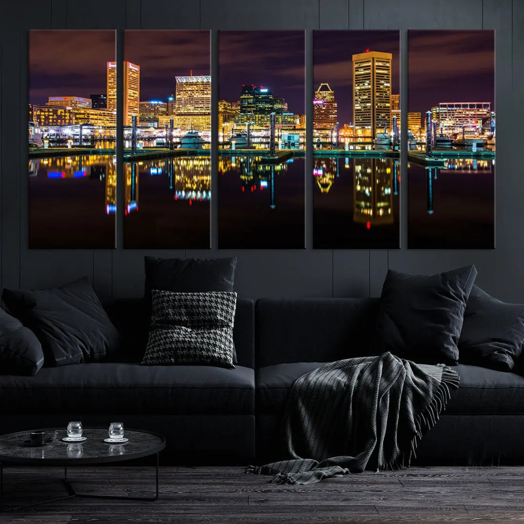 Baltimore City Night Skyline Purple Cityscape Large Wall Art Canvas Print