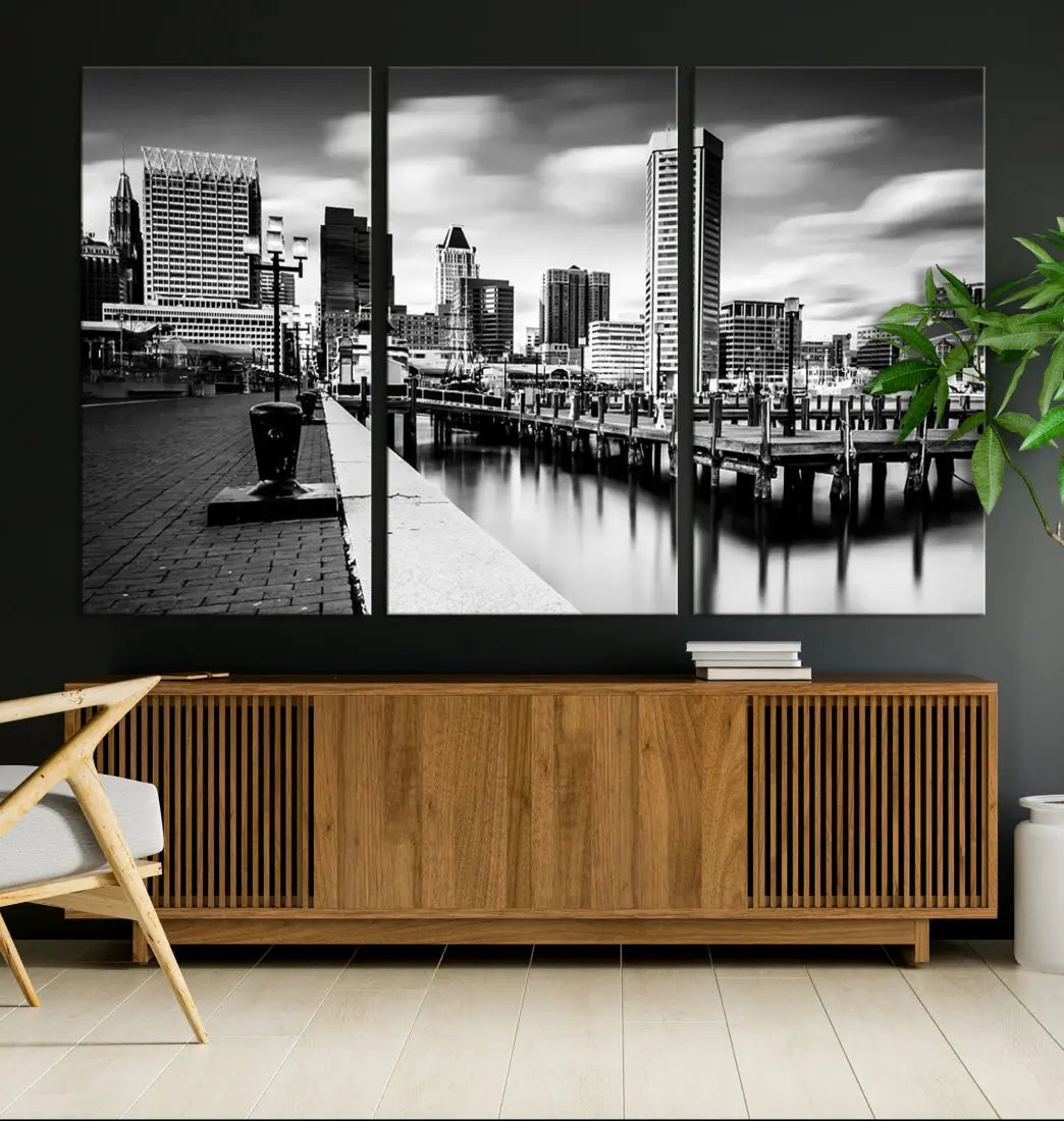 Baltimore City Skyline Wall Art Print Black and White Cityscape Canvas Print