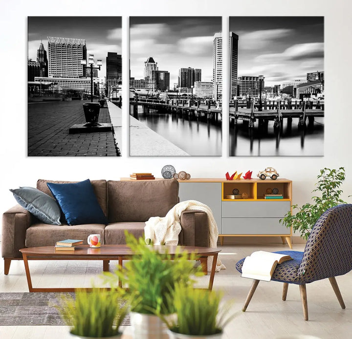 Baltimore City Skyline Wall Art Print Black and White Cityscape Canvas Print