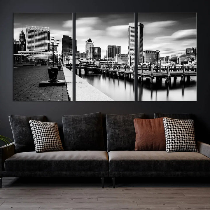 Baltimore City Skyline Wall Art Print Black and White Cityscape Canvas Print