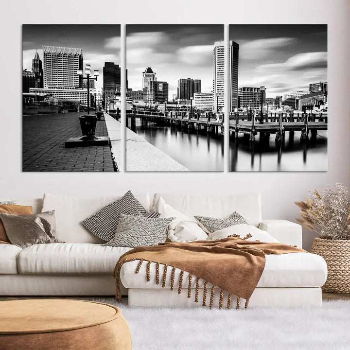 Baltimore City Skyline Wall Art Print Black and White Cityscape Canvas Print