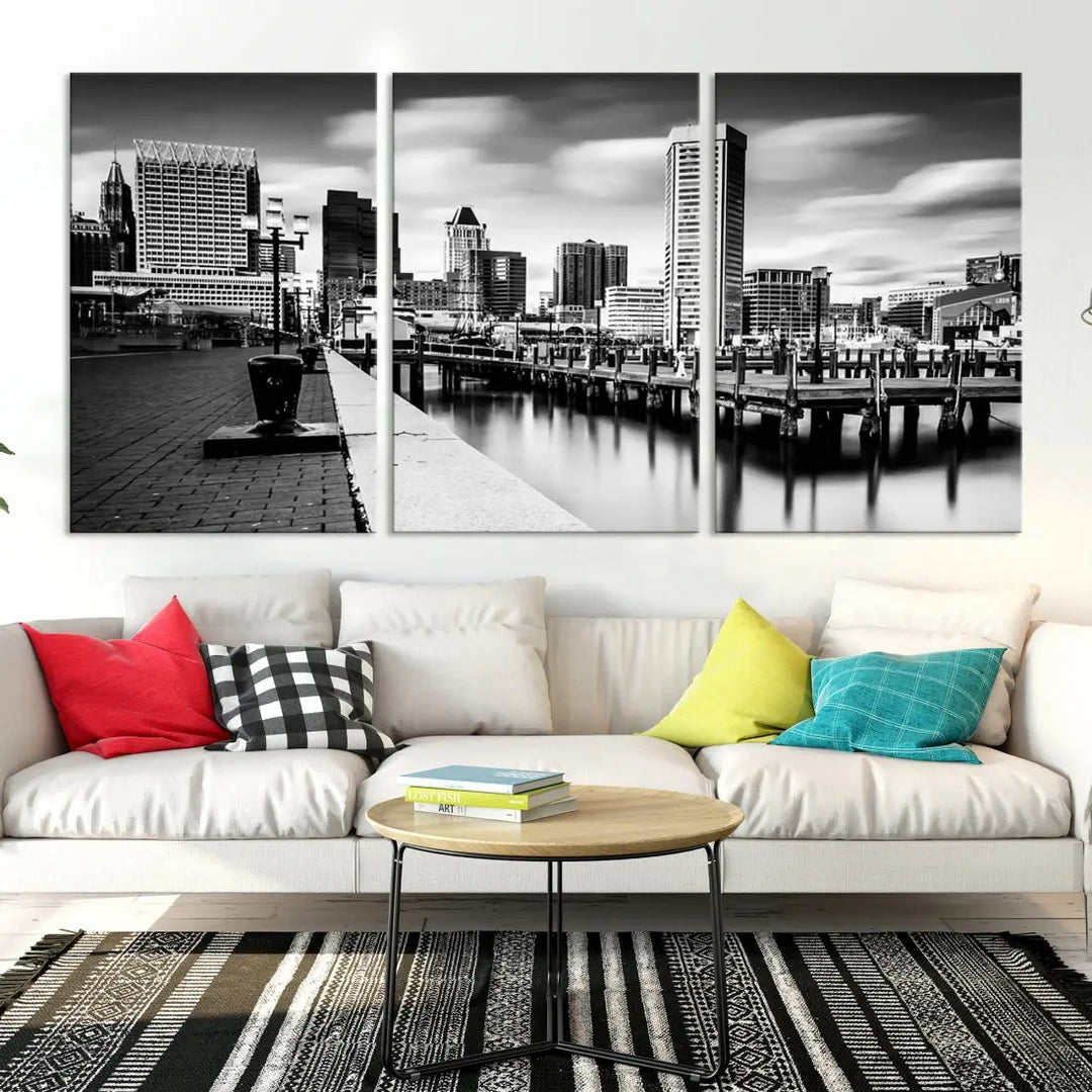 Baltimore City Skyline Wall Art Print Black and White Cityscape Canvas Print