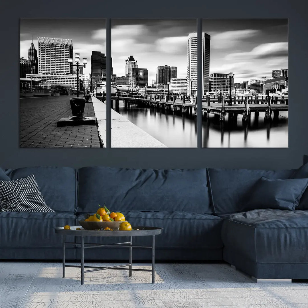 Baltimore City Skyline Wall Art Print Black and White Cityscape Canvas Print