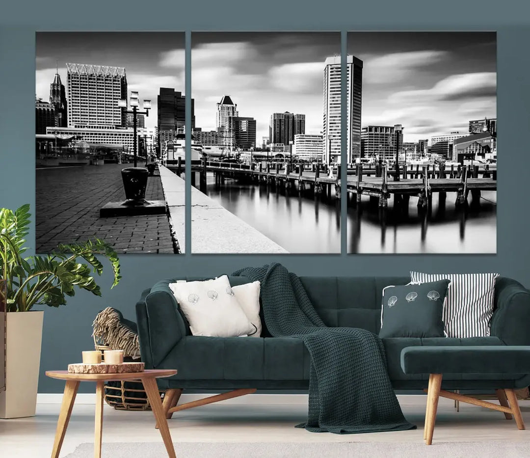 Baltimore City Skyline Wall Art Print Black and White Cityscape Canvas Print