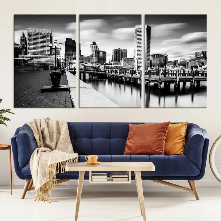 Baltimore City Skyline Wall Art Print Black and White Cityscape Canvas Print