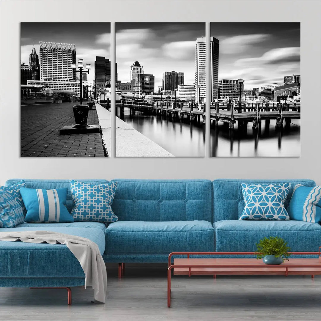 Baltimore City Skyline Wall Art Print Black and White Cityscape Canvas Print