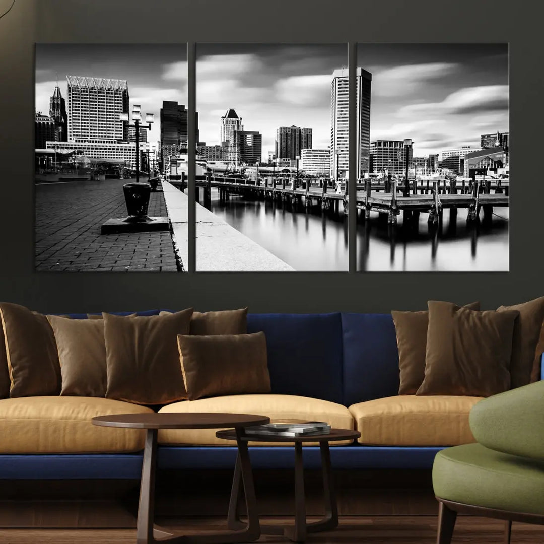 Baltimore City Skyline Wall Art Print Black and White Cityscape Canvas Print