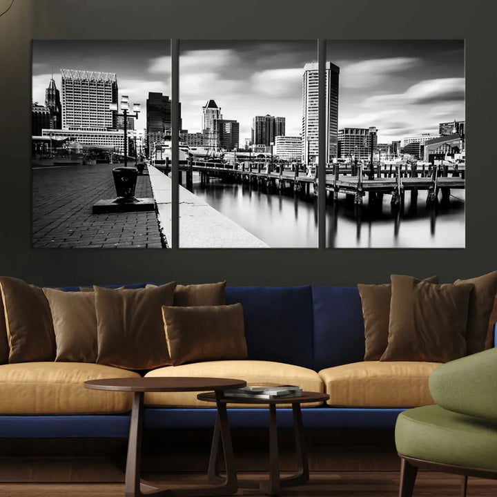 Baltimore City Skyline Wall Art Print Black and White Cityscape Canvas Print