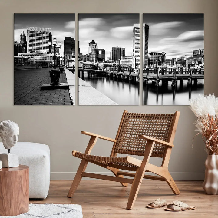 Baltimore City Skyline Wall Art Print Black and White Cityscape Canvas Print