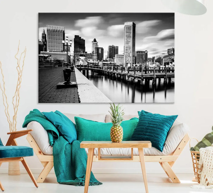 Baltimore City Skyline Wall Art Print Black and White Cityscape Canvas Print