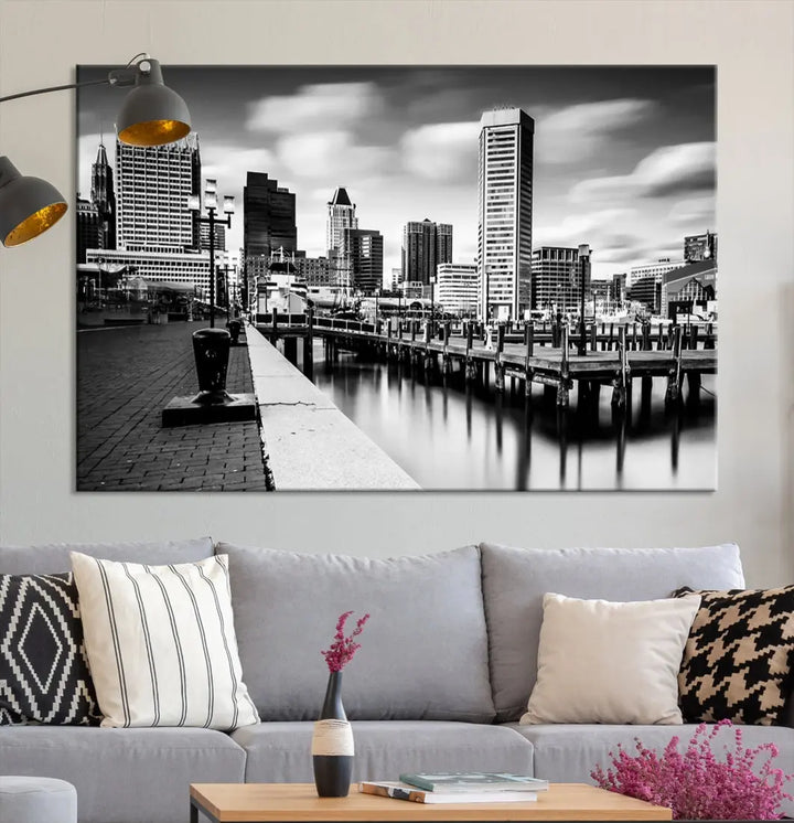 Baltimore City Skyline Wall Art Print Black and White Cityscape Canvas Print