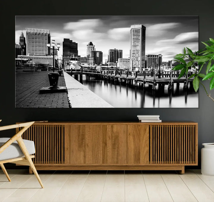 Baltimore City Skyline Wall Art Print Black and White Cityscape Canvas Print