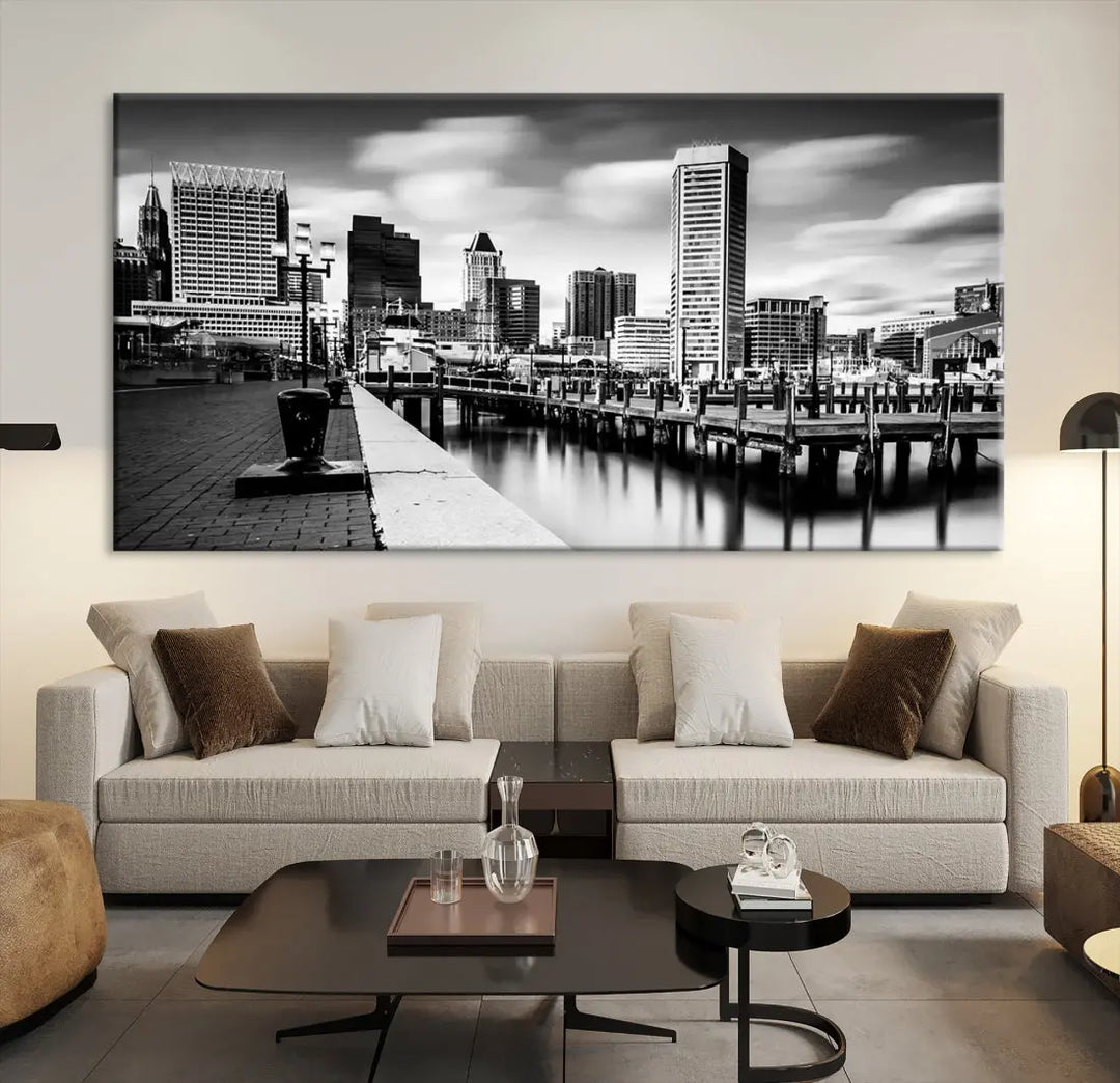 Baltimore City Skyline Wall Art Print Black and White Cityscape Canvas Print