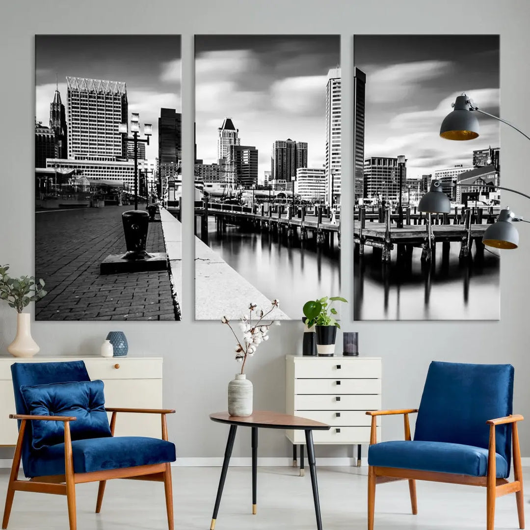 Baltimore City Skyline Wall Art Print Black and White Cityscape Canvas Print