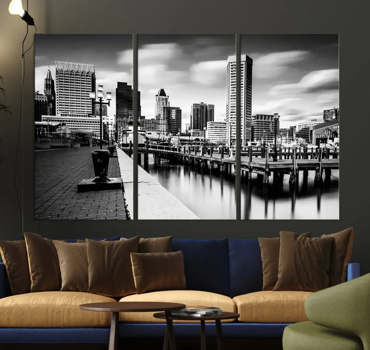 Baltimore City Skyline Wall Art Print Black and White Cityscape Canvas Print