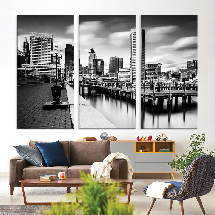 Baltimore City Skyline Wall Art Print Black and White Cityscape Canvas Print