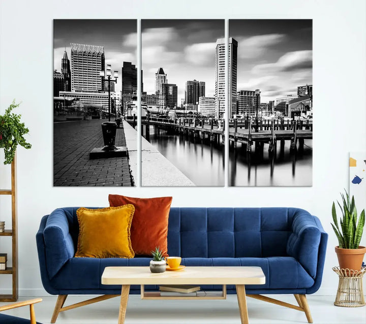 Baltimore City Skyline Wall Art Print Black and White Cityscape Canvas Print