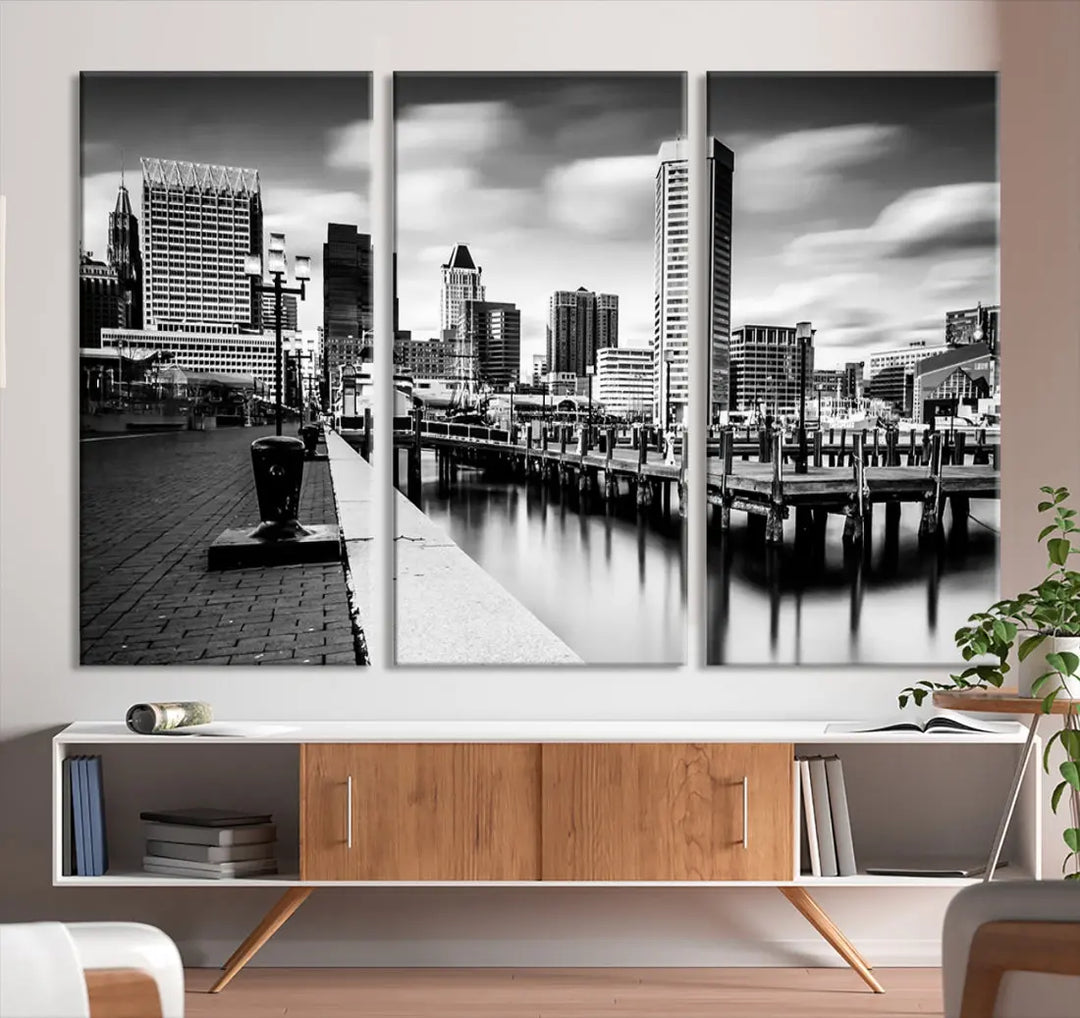 Baltimore City Skyline Wall Art Print Black and White Cityscape Canvas Print