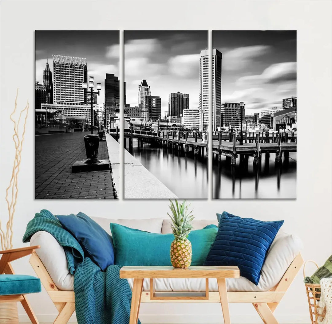 Baltimore City Skyline Wall Art Print Black and White Cityscape Canvas Print