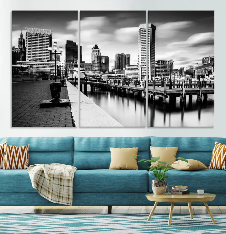 Baltimore City Skyline Wall Art Print Black and White Cityscape Canvas Print