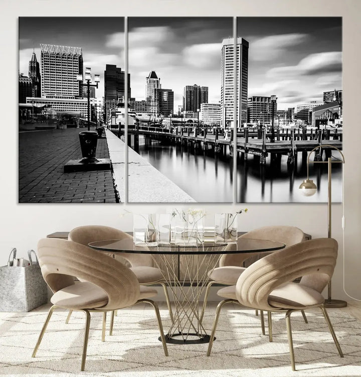 Baltimore City Skyline Wall Art Print Black and White Cityscape Canvas Print