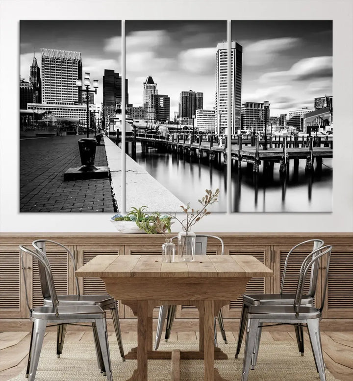 Baltimore City Skyline Wall Art Print Black and White Cityscape Canvas Print