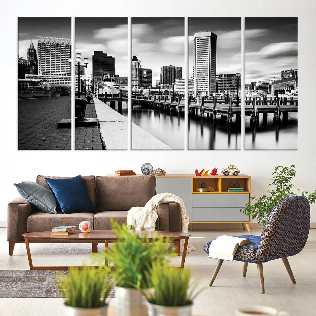 Baltimore City Skyline Wall Art Print Black and White Cityscape Canvas Print