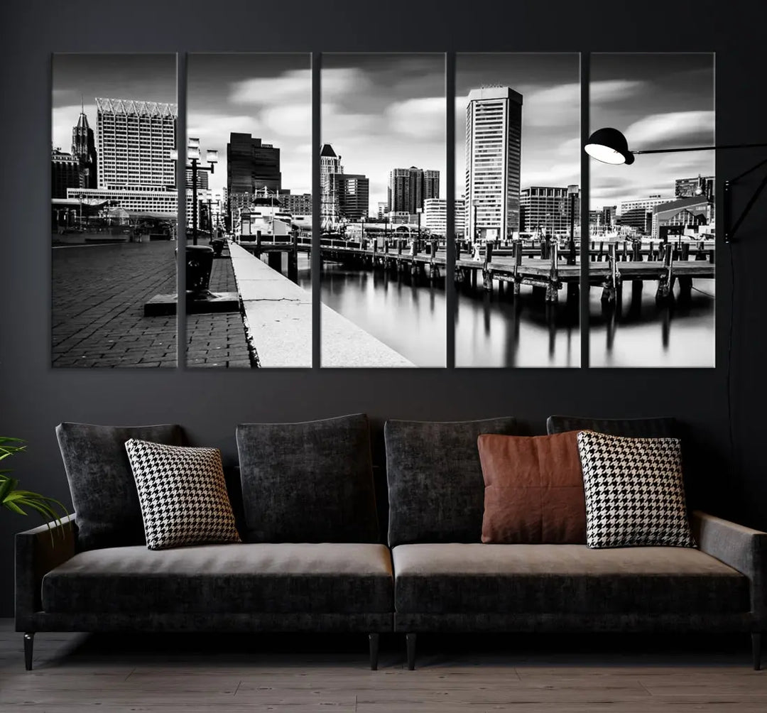 Baltimore City Skyline Wall Art Print Black and White Cityscape Canvas Print