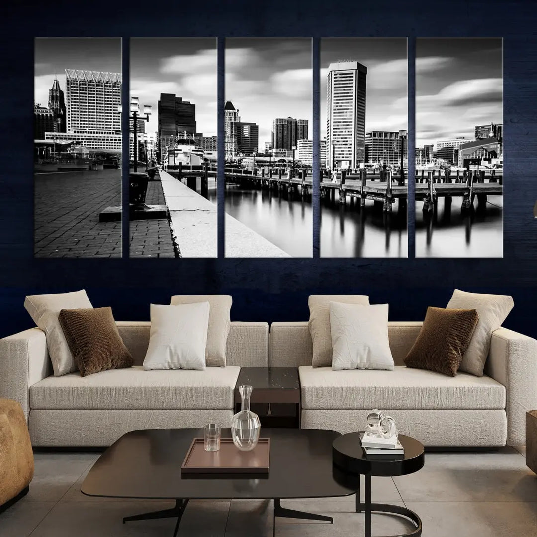 Baltimore City Skyline Wall Art Print Black and White Cityscape Canvas Print