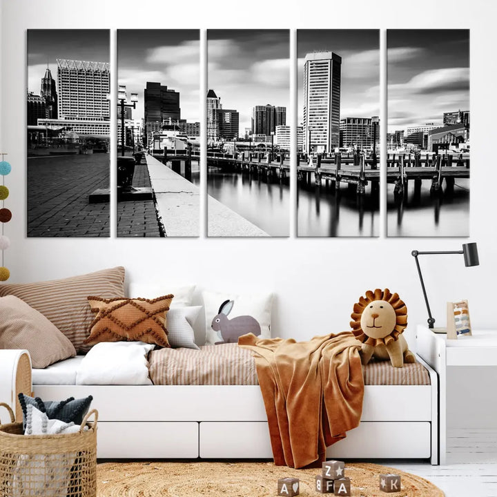 Baltimore City Skyline Wall Art Print Black and White Cityscape Canvas Print