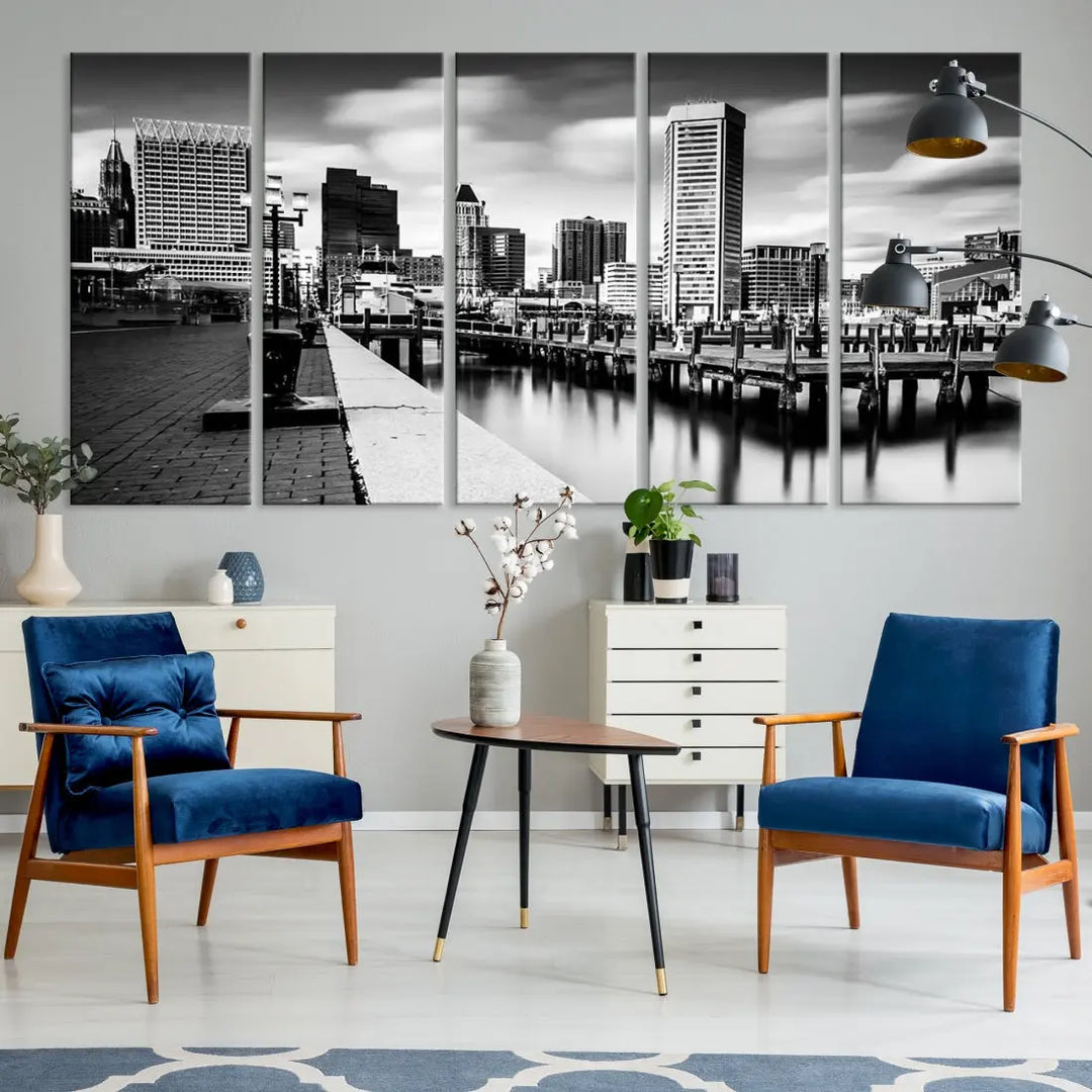 Baltimore City Skyline Wall Art Print Black and White Cityscape Canvas Print