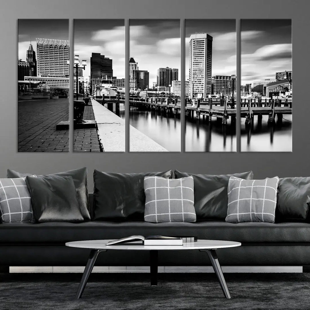 Baltimore City Skyline Wall Art Print Black and White Cityscape Canvas Print