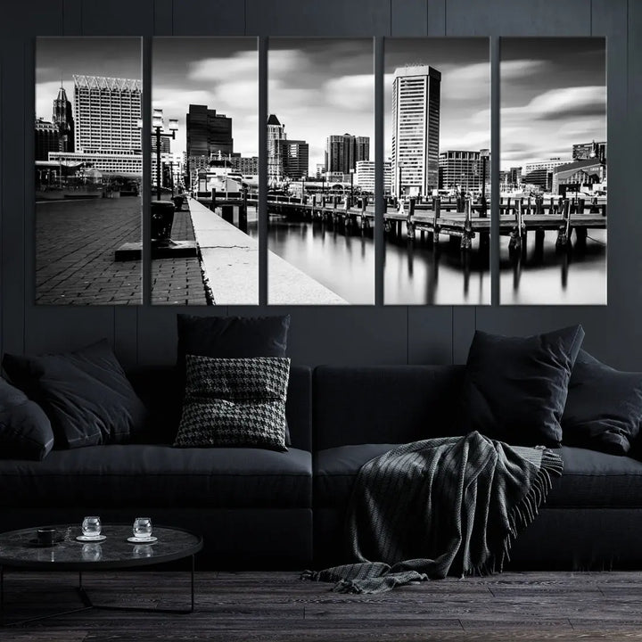 Baltimore City Skyline Wall Art Print Black and White Cityscape Canvas Print