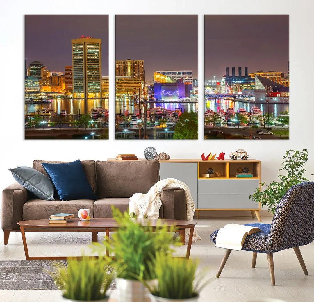 Baltimore Downtown Inner Harbor Night Lights Cityscape Wall Art Canvas Print