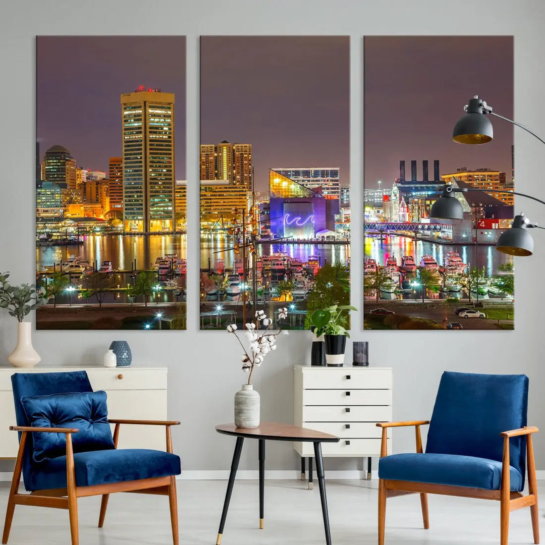 Baltimore Downtown Inner Harbor Night Lights Cityscape Wall Art Canvas Print