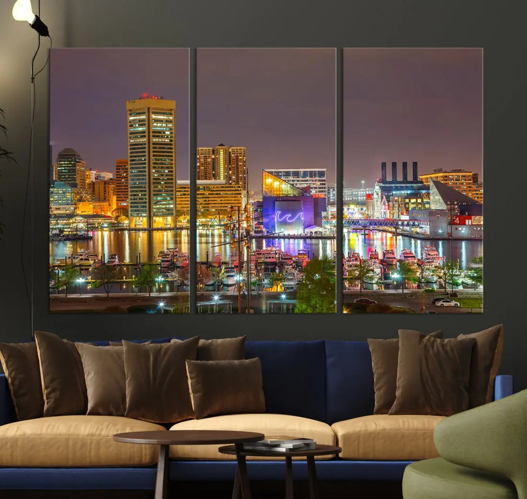 Baltimore Downtown Inner Harbor Night Lights Cityscape Wall Art Canvas Print