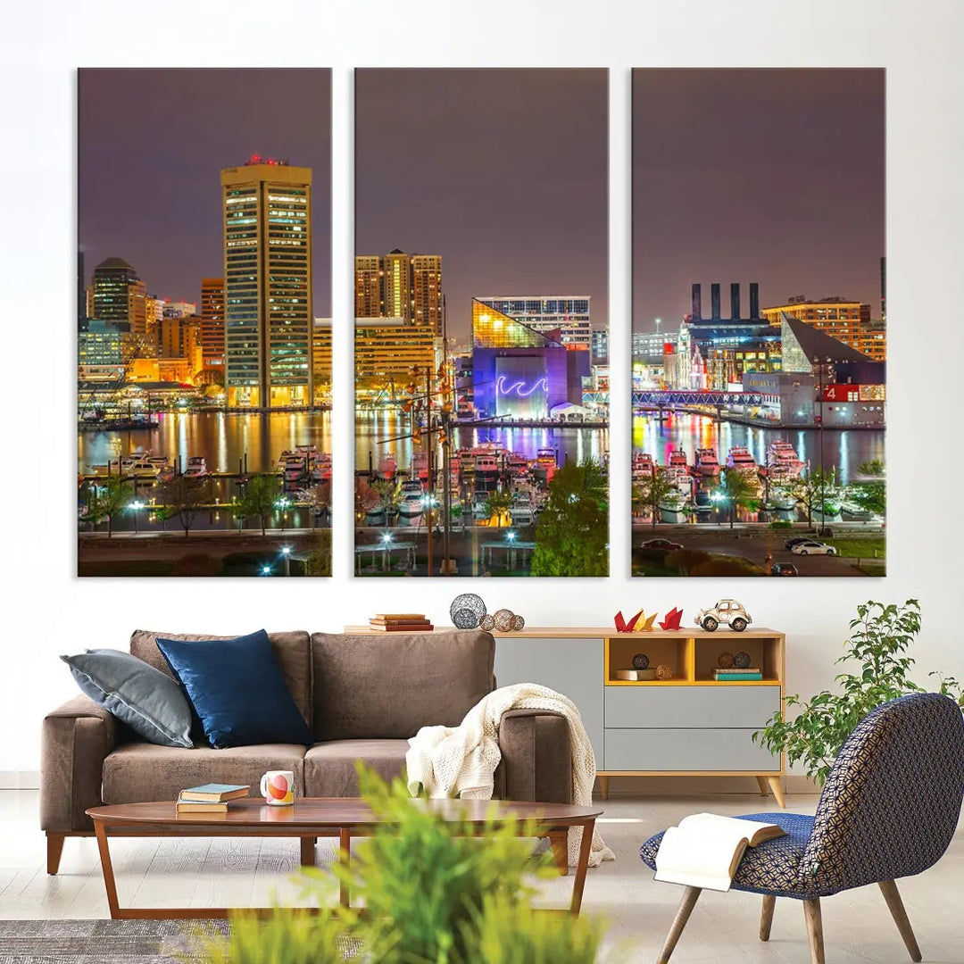 Baltimore Downtown Inner Harbor Night Lights Cityscape Wall Art Canvas Print