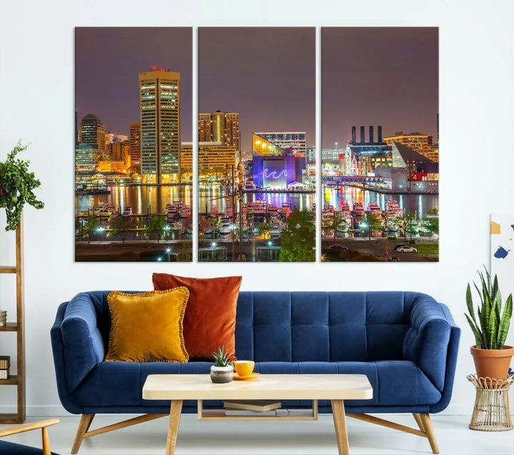 Baltimore Downtown Inner Harbor Night Lights Cityscape Wall Art Canvas Print