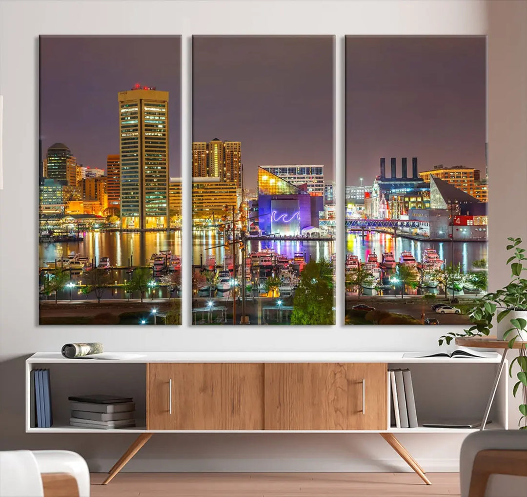 Baltimore Downtown Inner Harbor Night Lights Cityscape Wall Art Canvas Print