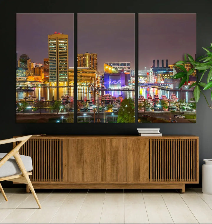 Baltimore Downtown Inner Harbor Night Lights Cityscape Wall Art Canvas Print