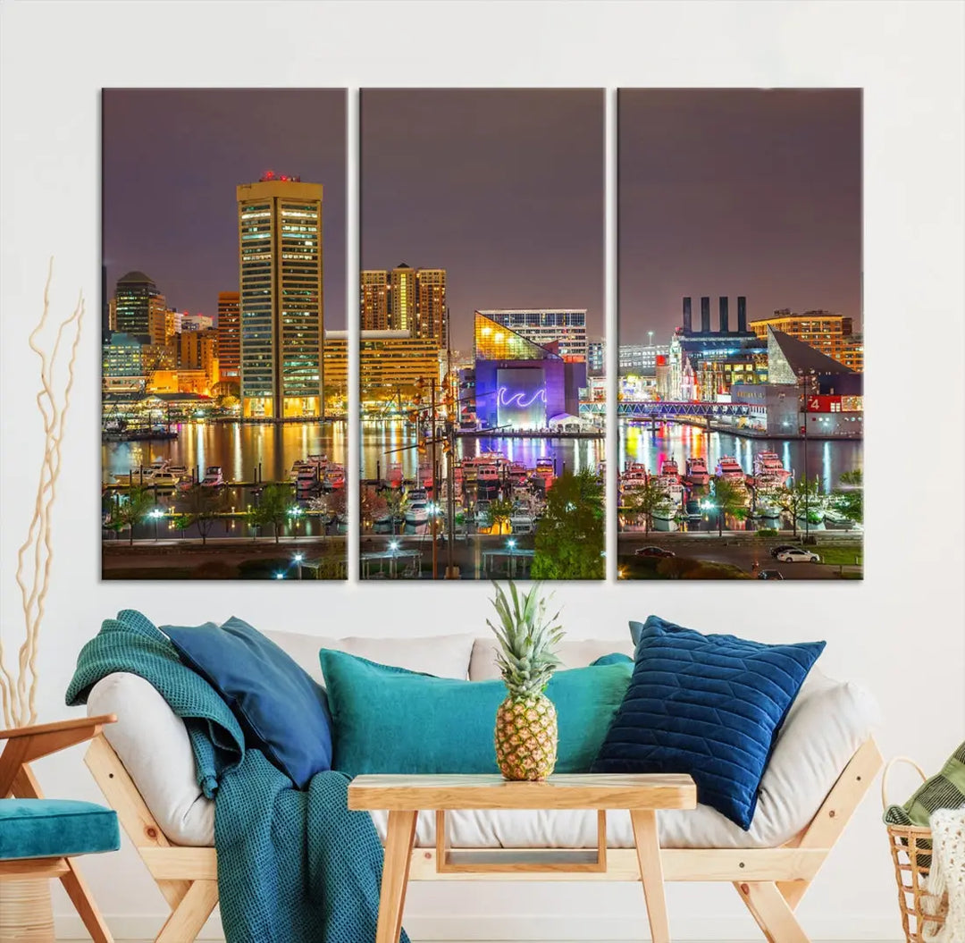 Baltimore Downtown Inner Harbor Night Lights Cityscape Wall Art Canvas Print