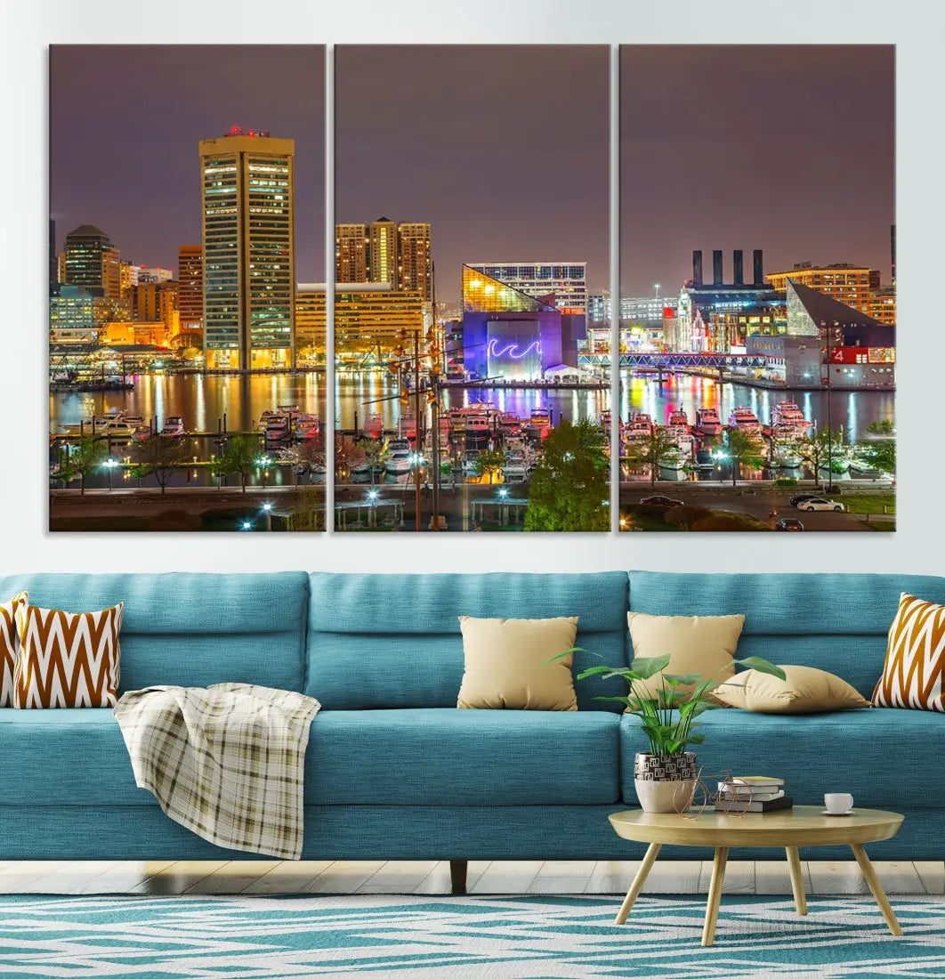 Baltimore Downtown Inner Harbor Night Lights Cityscape Wall Art Canvas Print