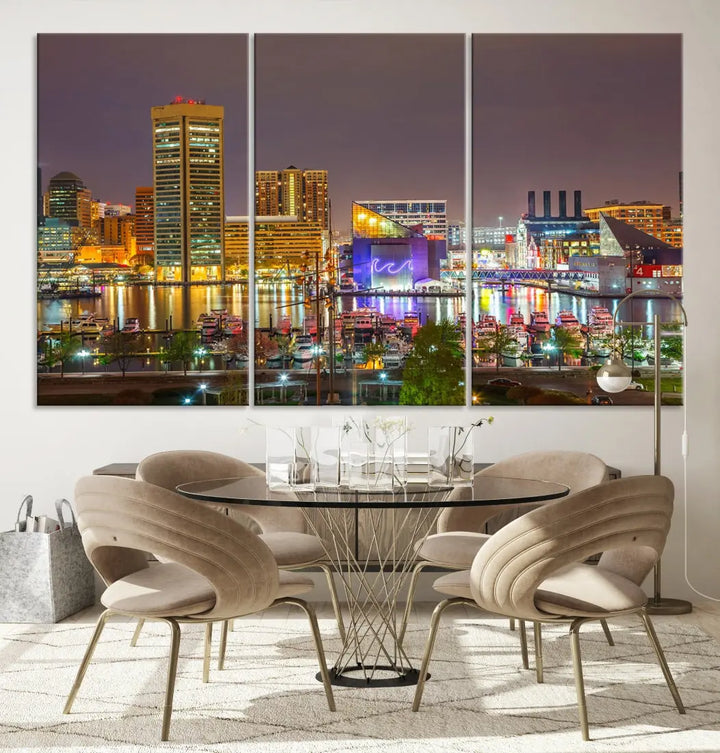 Baltimore Downtown Inner Harbor Night Lights Cityscape Wall Art Canvas Print