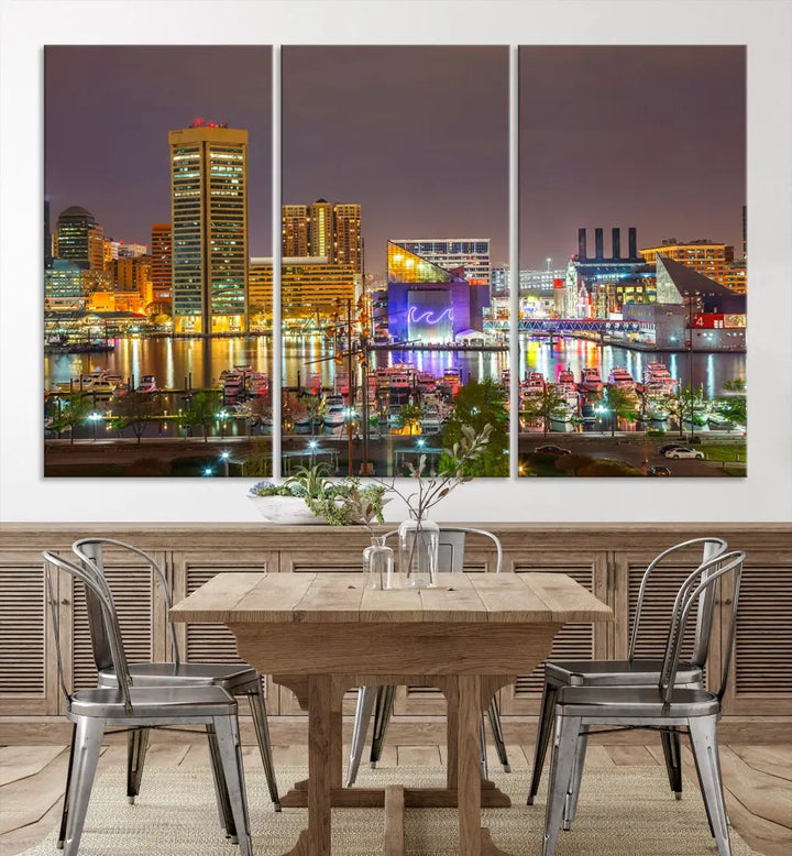 Baltimore Downtown Inner Harbor Night Lights Cityscape Wall Art Canvas Print